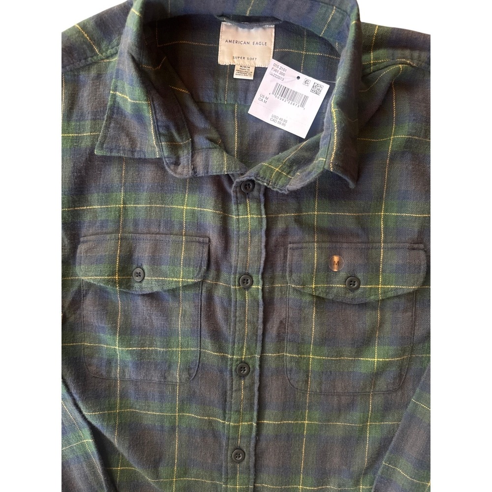 American Eagle Flannel Shirt Men Medium Green Navy Plaid Super Soft NWT - Picture 4 of 8